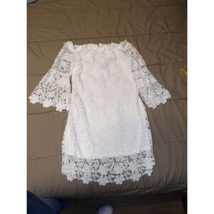 Auxo Collection Elegant White Lace Off-Shoulder Mini Dress with Bell‎ Sleeves